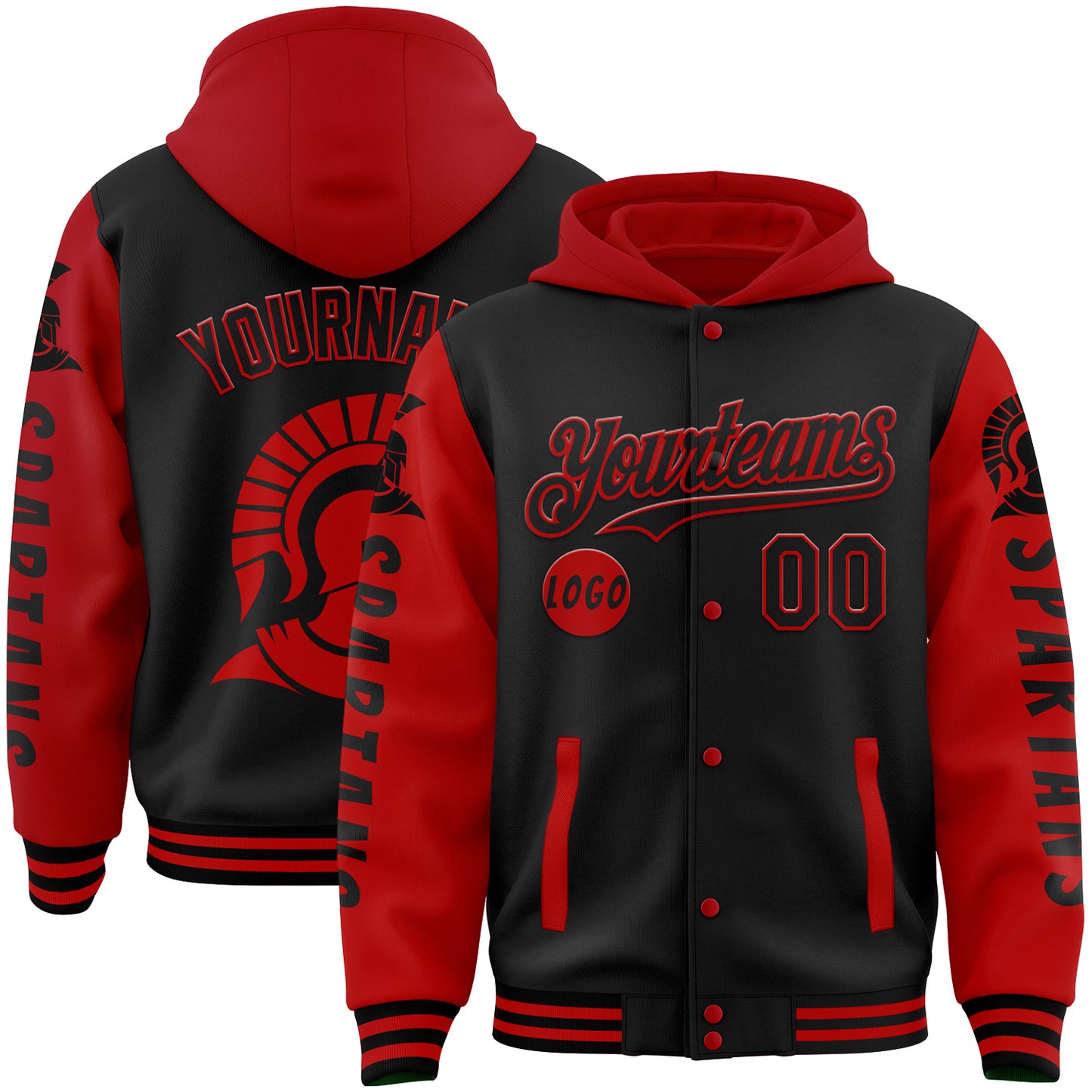 Custom Black Red Spartan Bomber Full-Snap Varsity Letterman Two Tone Hoodie Jacket