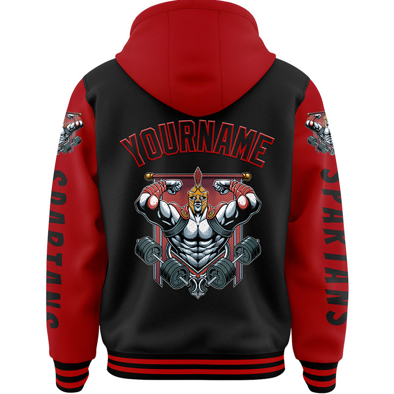 Custom Black Red Spartan Fitness Barbell Bomber Full-Snap Varsity Letterman Two Tone Hoodie Jacket