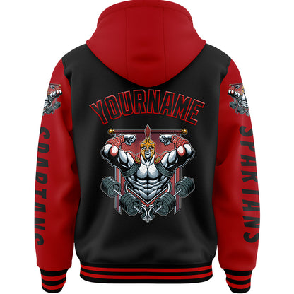 Custom Black Red Spartan Fitness Barbell Bomber Full-Snap Varsity Letterman Two Tone Hoodie Jacket