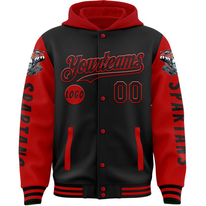 Custom Black Red Spartan Fitness Barbell Bomber Full-Snap Varsity Letterman Two Tone Hoodie Jacket