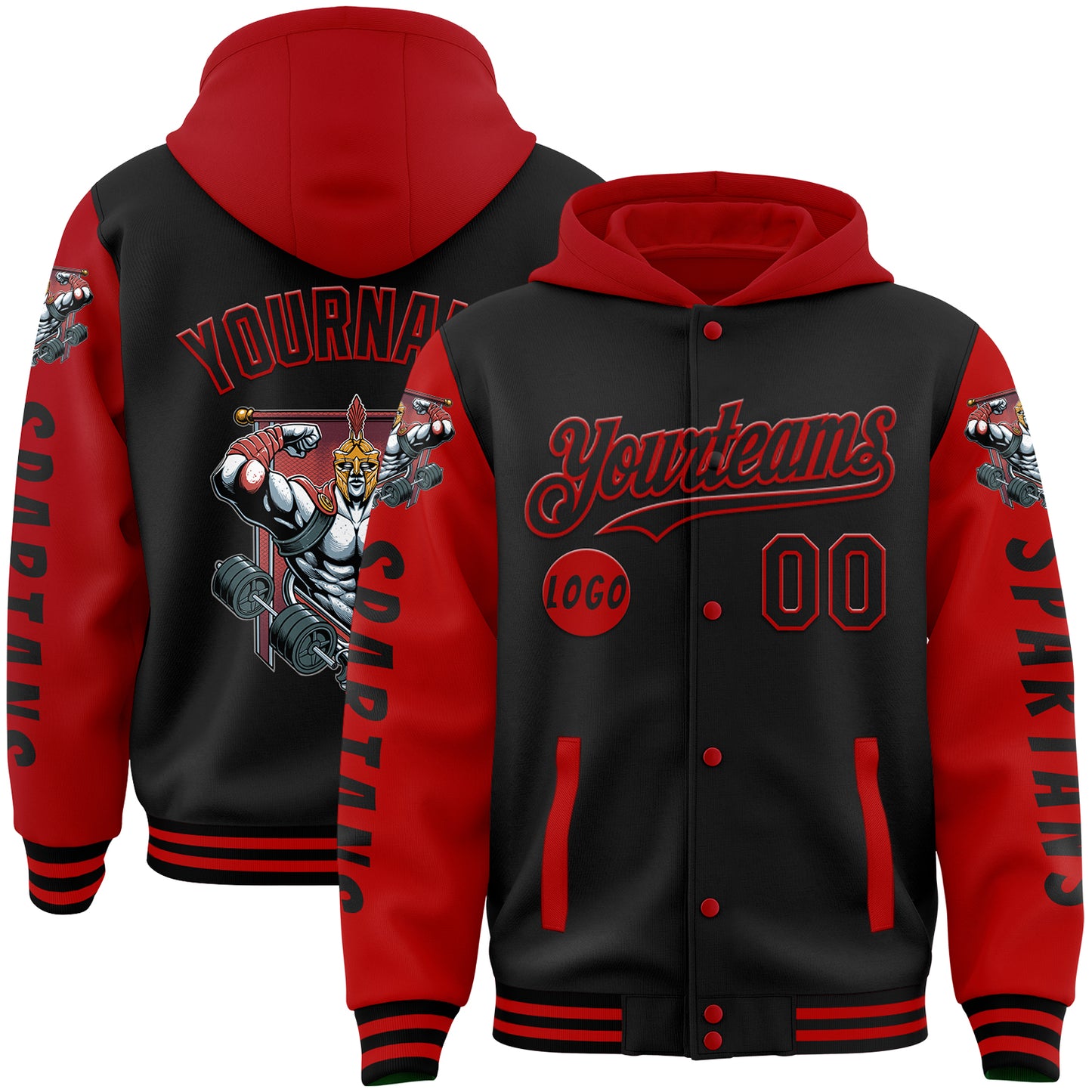 Custom Black Red Spartan Fitness Barbell Bomber Full-Snap Varsity Letterman Two Tone Hoodie Jacket