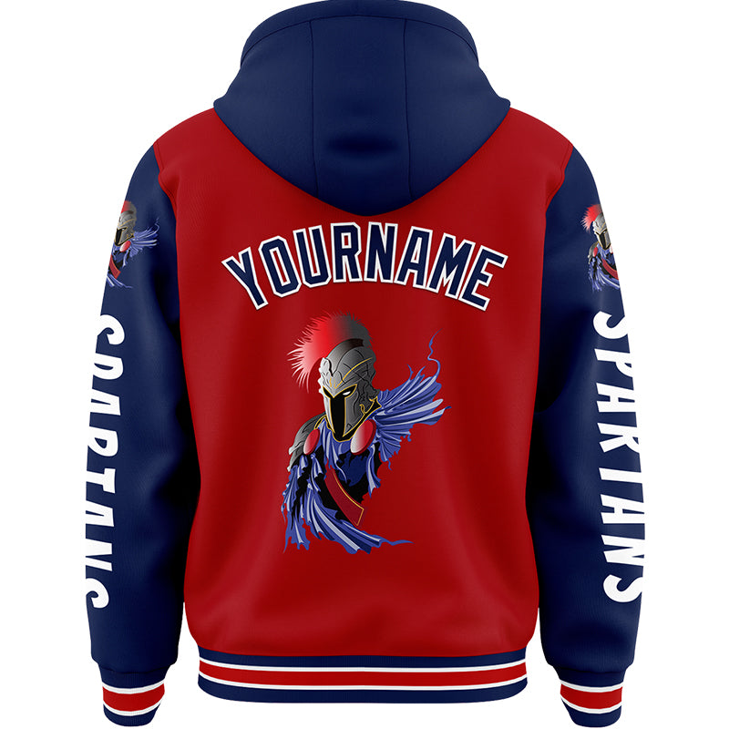 Custom Red Royal Spartan Armor Bomber Full-Snap Varsity Letterman Two Tone Hoodie Jacket