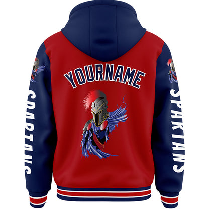 Custom Red Royal Spartan Armor Bomber Full-Snap Varsity Letterman Two Tone Hoodie Jacket