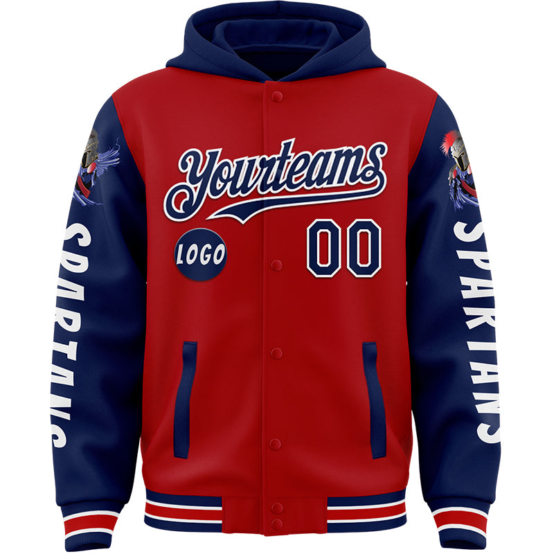 Custom Red Royal Spartan Armor Bomber Full-Snap Varsity Letterman Two Tone Hoodie Jacket