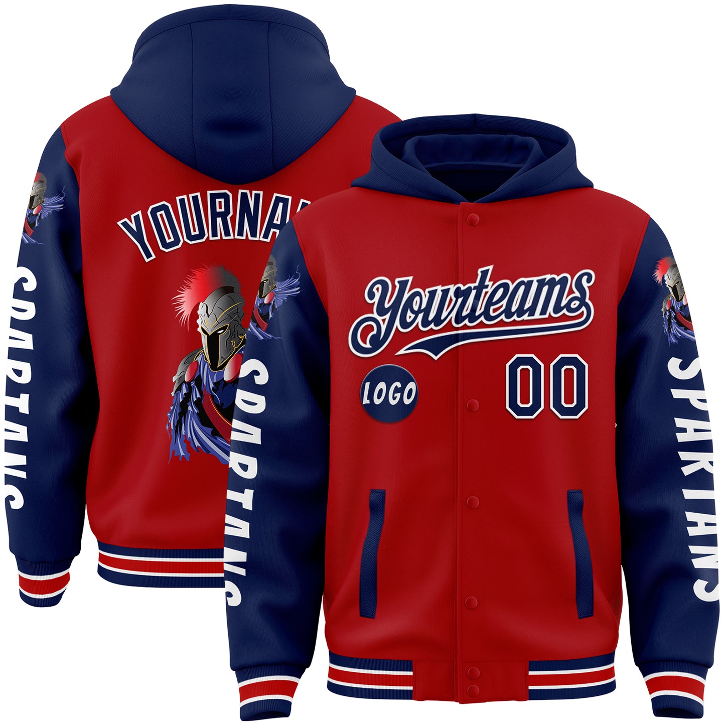 Custom Red Royal Spartan Armor Bomber Full-Snap Varsity Letterman Two Tone Hoodie Jacket