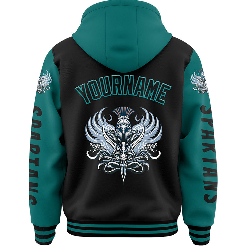 Custom Black Teal Spartan Armor Bomber Full-Snap Varsity Letterman Two Tone Hoodie Jacket