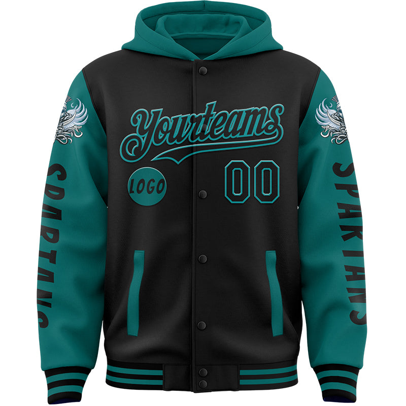 Custom Black Teal Spartan Armor Bomber Full-Snap Varsity Letterman Two Tone Hoodie Jacket