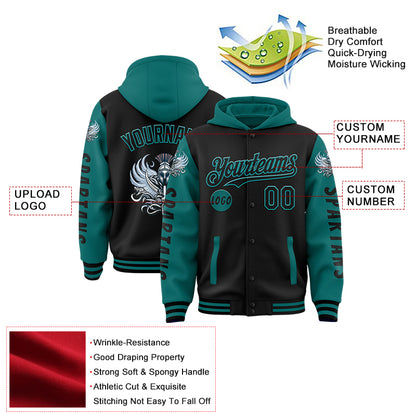 Custom Black Teal Spartan Armor Bomber Full-Snap Varsity Letterman Two Tone Hoodie Jacket