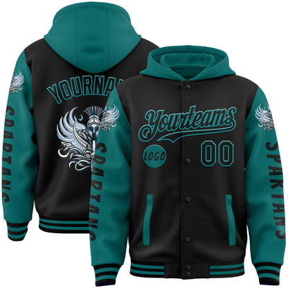 Custom Black Teal Spartan Armor Bomber Full-Snap Varsity Letterman Two Tone Hoodie Jacket