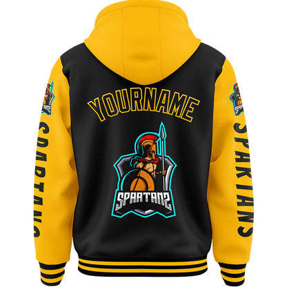 Custom Black Gold Spartan Warrior Bomber Full-Snap Varsity Letterman Two Tone Hoodie Jacket