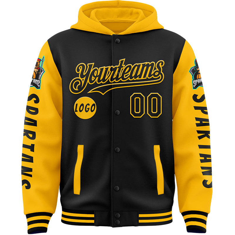 Custom Black Gold Spartan Warrior Bomber Full-Snap Varsity Letterman Two Tone Hoodie Jacket