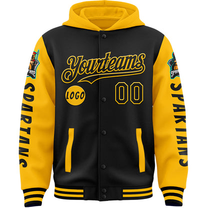 Custom Black Gold Spartan Warrior Bomber Full-Snap Varsity Letterman Two Tone Hoodie Jacket