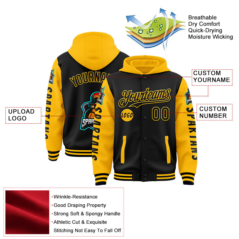 Custom Black Gold Spartan Warrior Bomber Full-Snap Varsity Letterman Two Tone Hoodie Jacket