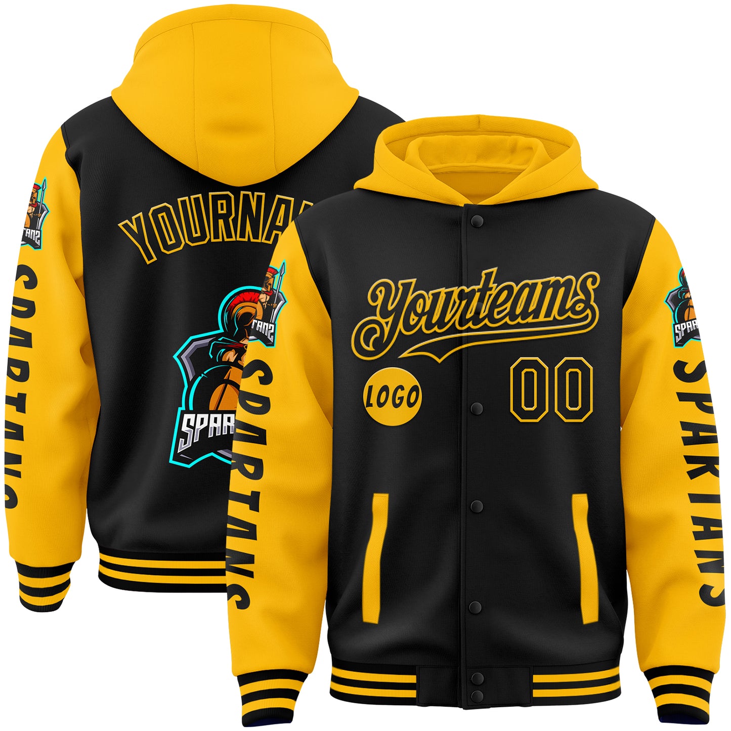 Custom Black Gold Spartan Warrior Bomber Full-Snap Varsity Letterman Two Tone Hoodie Jacket