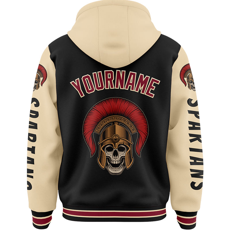 Custom Black City Cream Spartan Skull Bomber Full-Snap Varsity Letterman Two Tone Hoodie Jacket