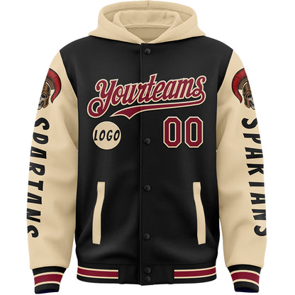 Custom Black City Cream Spartan Skull Bomber Full-Snap Varsity Letterman Two Tone Hoodie Jacket