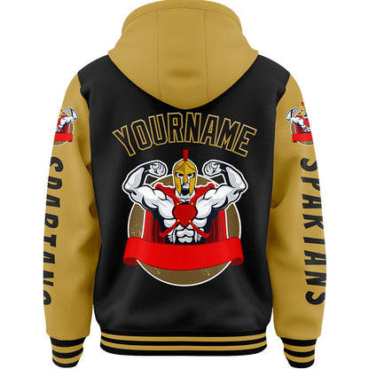 Custom Black Old Gold Spartan Warrior Bomber Full-Snap Varsity Letterman Two Tone Hoodie Jacket