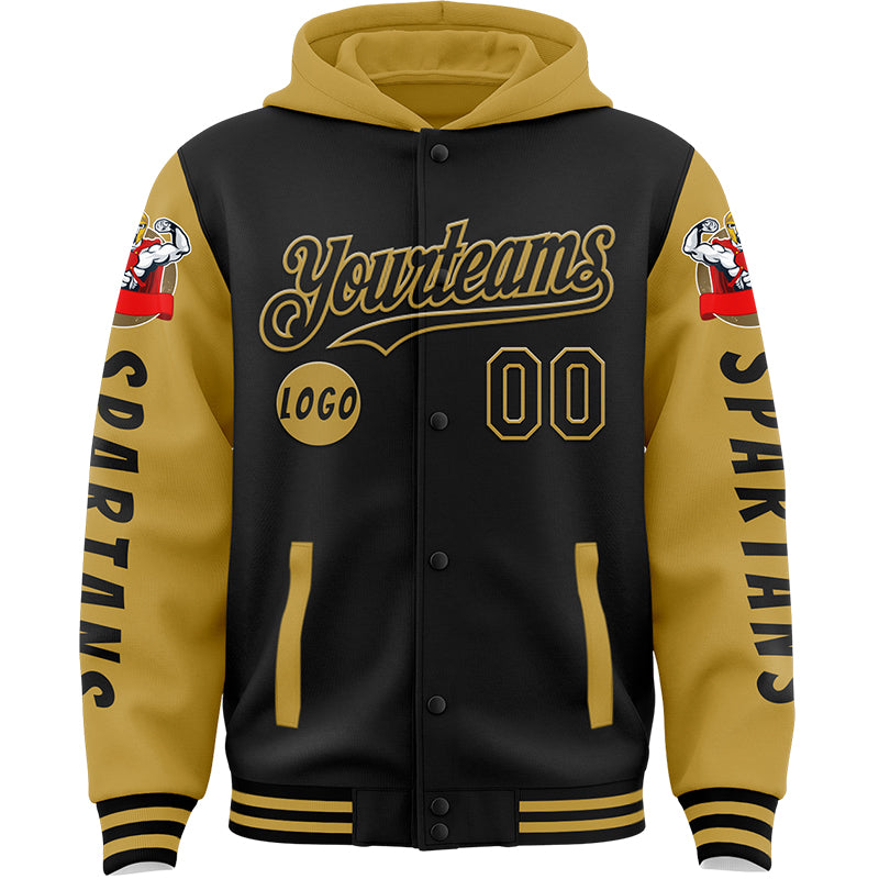 Custom Black Old Gold Spartan Warrior Bomber Full-Snap Varsity Letterman Two Tone Hoodie Jacket