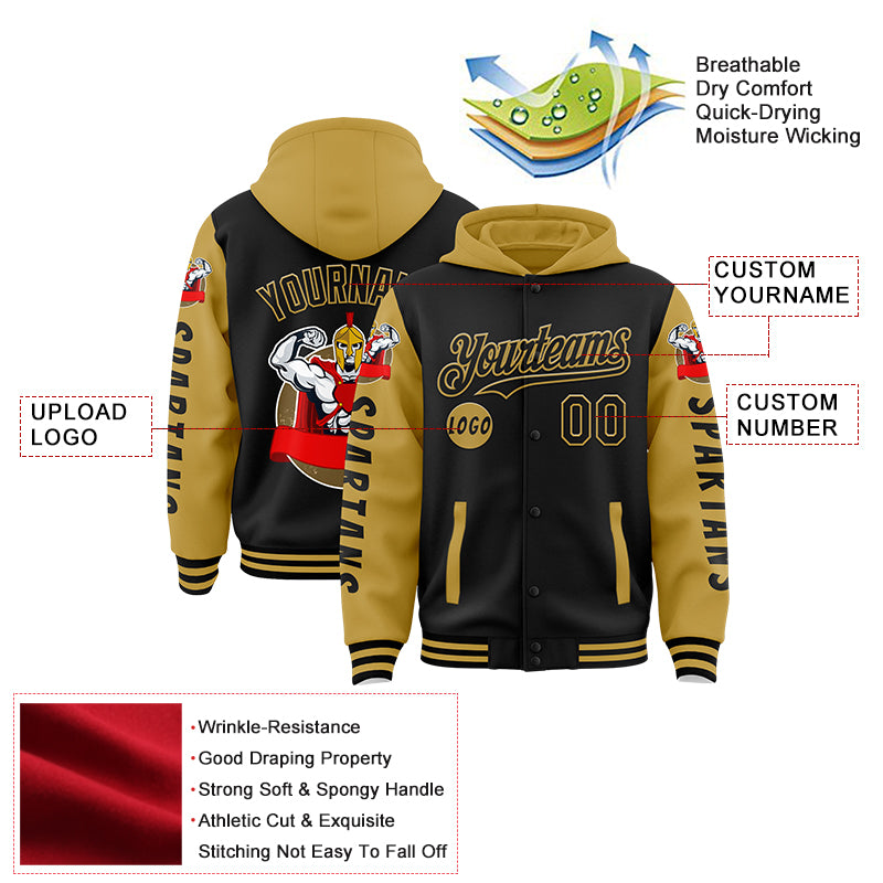 Custom Black Old Gold Spartan Warrior Bomber Full-Snap Varsity Letterman Two Tone Hoodie Jacket