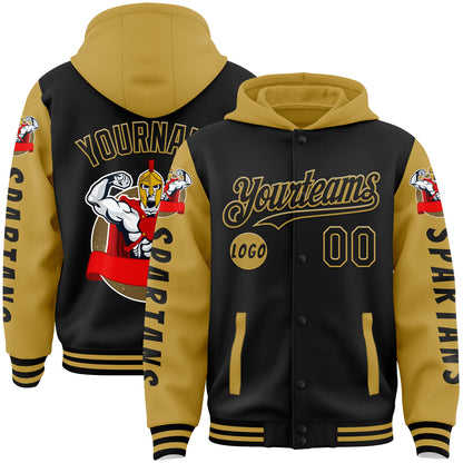 Custom Black Old Gold Spartan Warrior Bomber Full-Snap Varsity Letterman Two Tone Hoodie Jacket