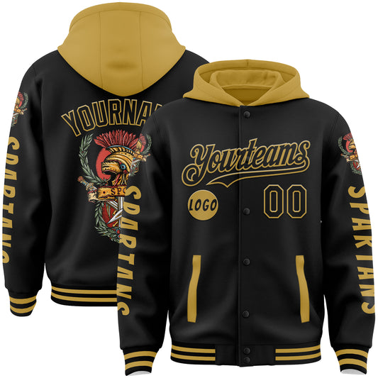 Custom Black Old Gold Spartan SPQR Bomber Full-Snap Varsity Letterman Two Tone Hoodie Jacket