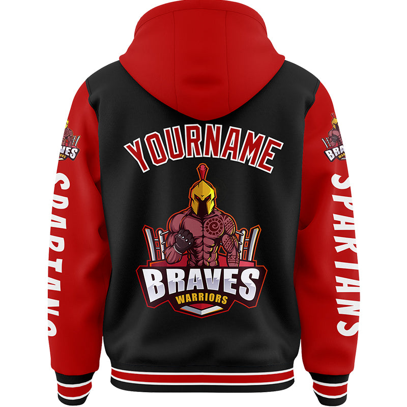 Custom Black Red Spartan Braves Warriors Bomber Full-Snap Varsity Letterman Two Tone Hoodie Jacket