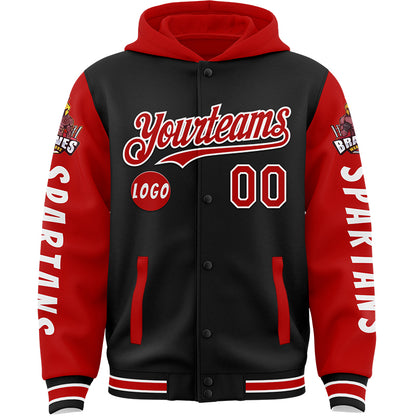 Custom Black Red Spartan Braves Warriors Bomber Full-Snap Varsity Letterman Two Tone Hoodie Jacket