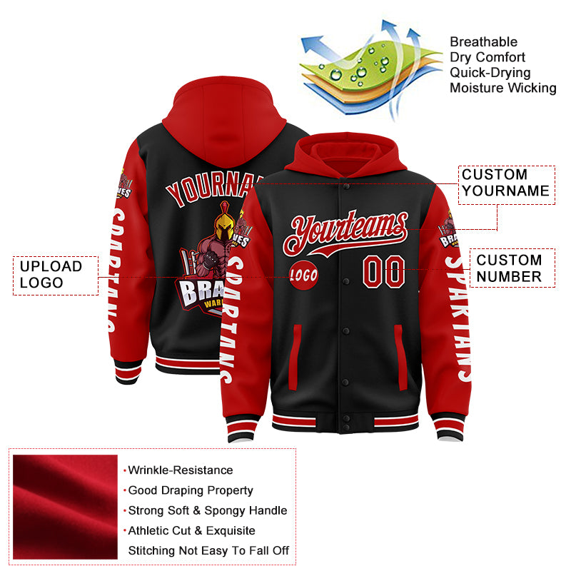 Custom Black Red Spartan Braves Warriors Bomber Full-Snap Varsity Letterman Two Tone Hoodie Jacket