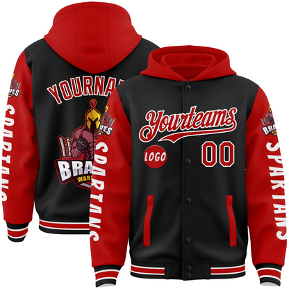 Custom Black Red Spartan Braves Warriors Bomber Full-Snap Varsity Letterman Two Tone Hoodie Jacket