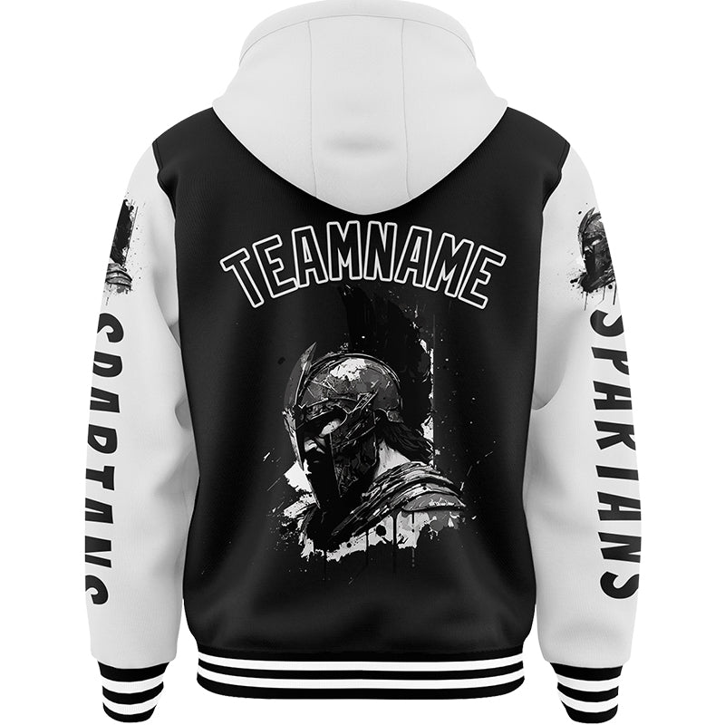 Custom Black White Spartan Helmet Bomber Full-Snap Varsity Letterman Two Tone Hoodie Jacket