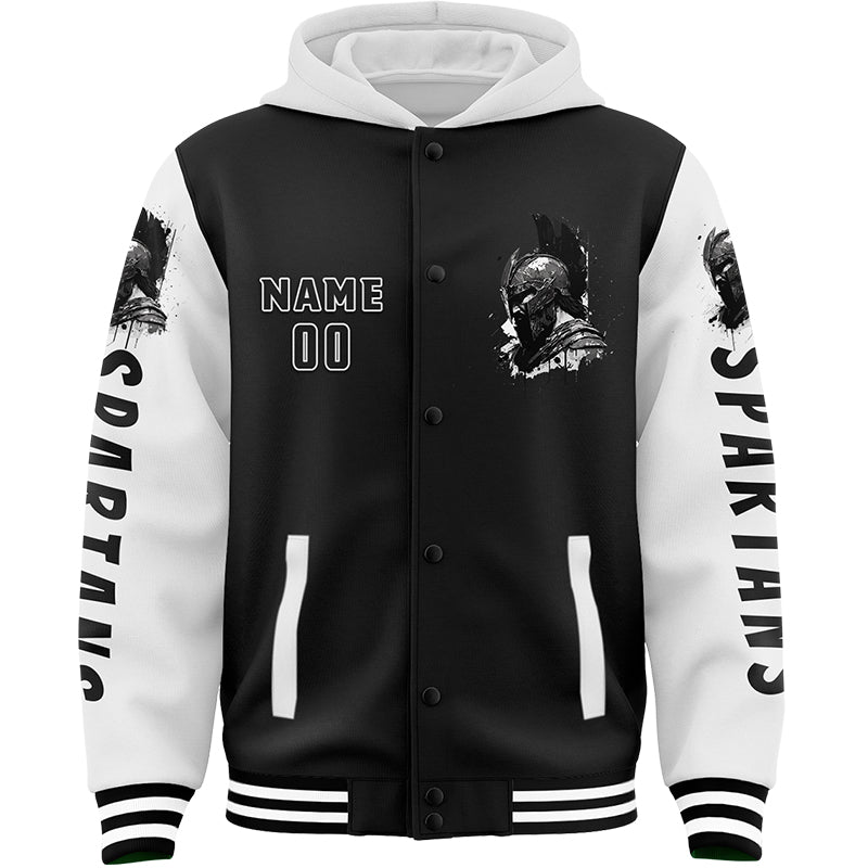 Custom Black White Spartan Helmet Bomber Full-Snap Varsity Letterman Two Tone Hoodie Jacket