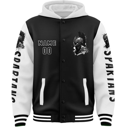 Custom Black White Spartan Helmet Bomber Full-Snap Varsity Letterman Two Tone Hoodie Jacket