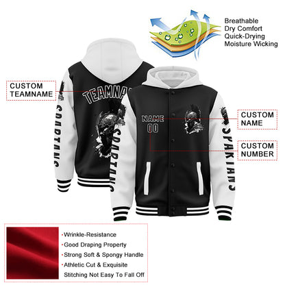 Custom Black White Spartan Helmet Bomber Full-Snap Varsity Letterman Two Tone Hoodie Jacket