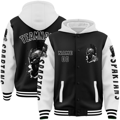 Custom Black White Spartan Helmet Bomber Full-Snap Varsity Letterman Two Tone Hoodie Jacket