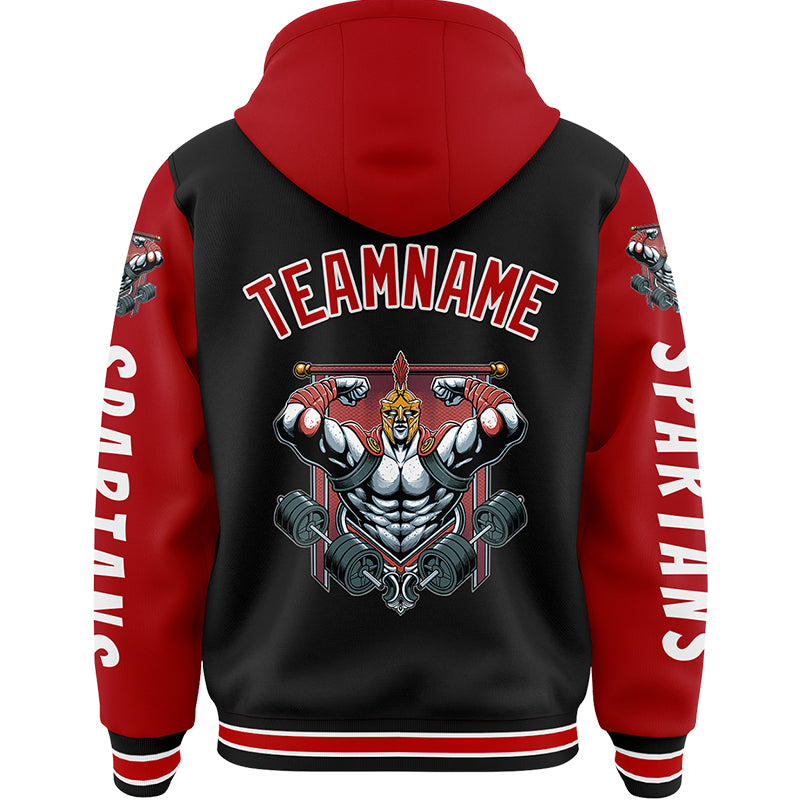 Custom Black Red Spartan Fitness Muscle Bomber Full-Snap Varsity Letterman Two Tone Hoodie Jacket