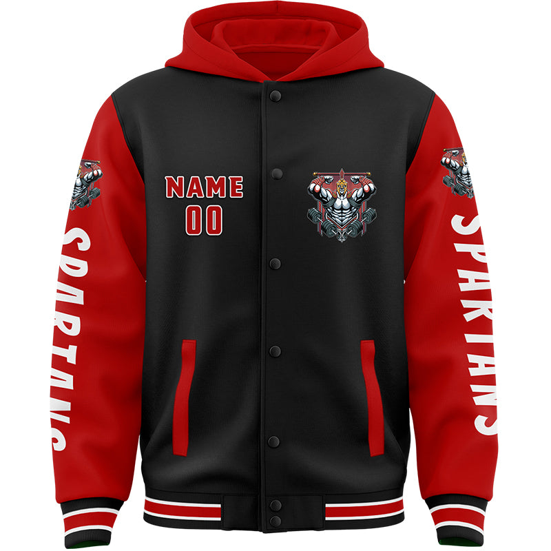 Custom Black Red Spartan Fitness Muscle Bomber Full-Snap Varsity Letterman Two Tone Hoodie Jacket