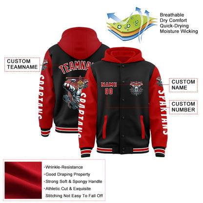 Custom Black Red Spartan Fitness Muscle Bomber Full-Snap Varsity Letterman Two Tone Hoodie Jacket