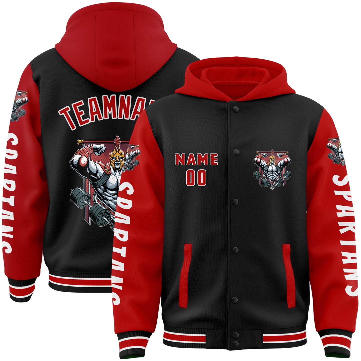 Custom Black Red Spartan Fitness Muscle Bomber Full-Snap Varsity Letterman Two Tone Hoodie Jacket