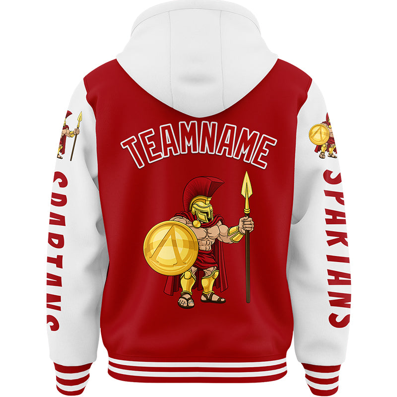 Custom Red White Spartan Warrior Bomber Full-Snap Varsity Letterman Two Tone Hoodie Jacket