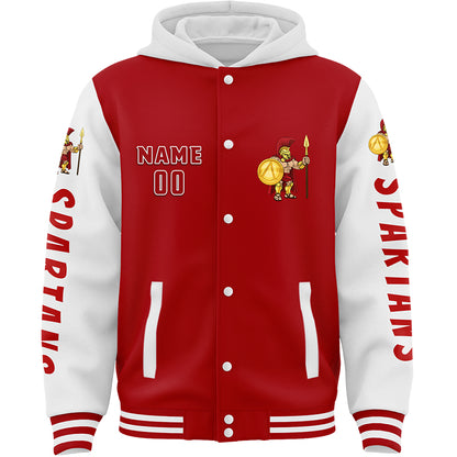 Custom Red White Spartan Warrior Bomber Full-Snap Varsity Letterman Two Tone Hoodie Jacket