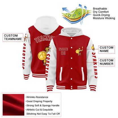 Custom Red White Spartan Warrior Bomber Full-Snap Varsity Letterman Two Tone Hoodie Jacket