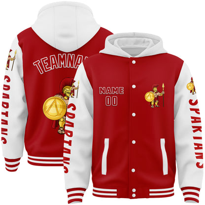 Custom Red White Spartan Warrior Bomber Full-Snap Varsity Letterman Two Tone Hoodie Jacket