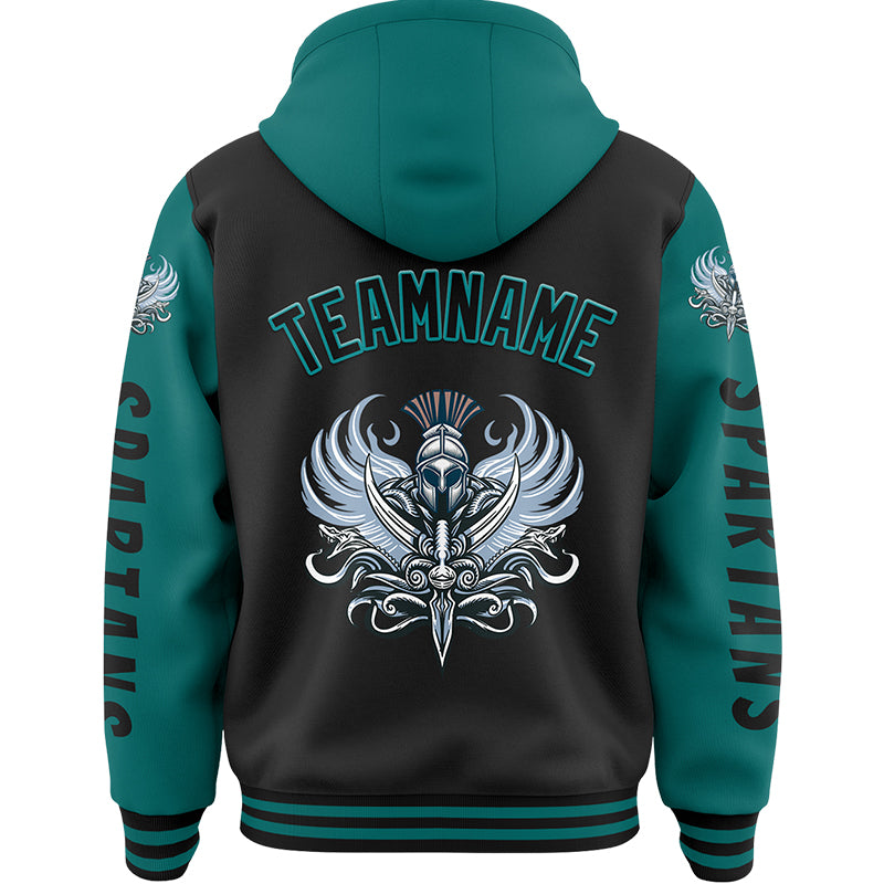 Custom Black Teal Spartan Armor Bomber Full-Snap Varsity Letterman Two Tone Hoodie Jacket