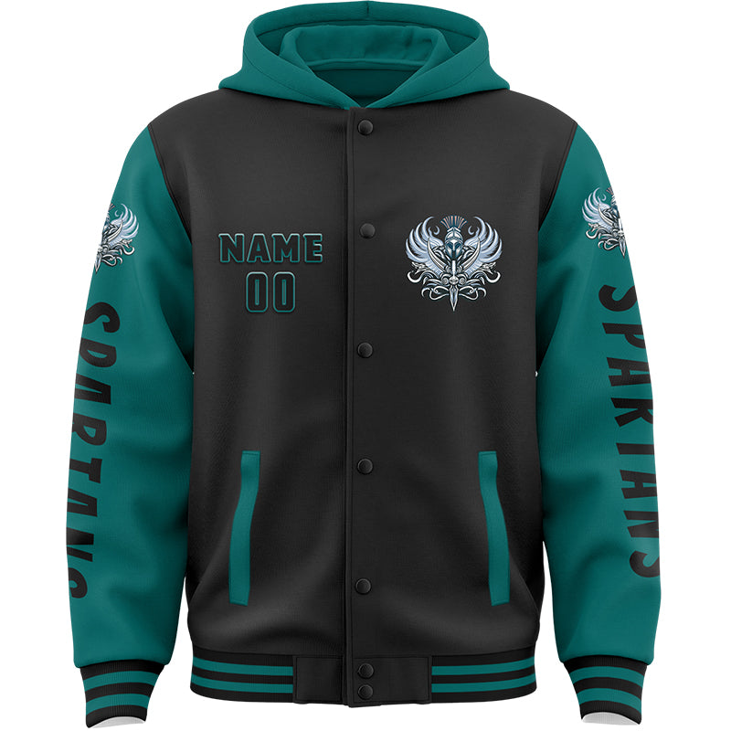 Custom Black Teal Spartan Armor Bomber Full-Snap Varsity Letterman Two Tone Hoodie Jacket