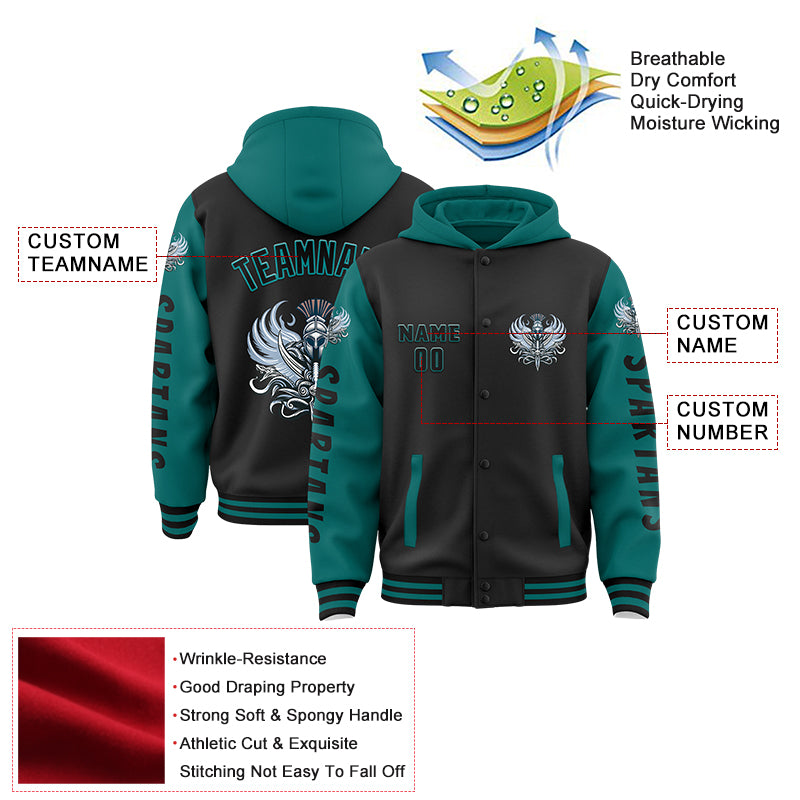 Custom Black Teal Spartan Armor Bomber Full-Snap Varsity Letterman Two Tone Hoodie Jacket