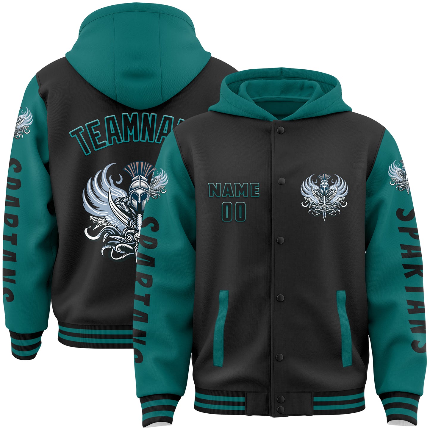 Custom Black Teal Spartan Armor Bomber Full-Snap Varsity Letterman Two Tone Hoodie Jacket