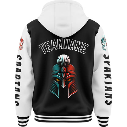 Custom Black White Spartan Helmet Bomber Full-Snap Varsity Letterman Two Tone Hoodie Jacket