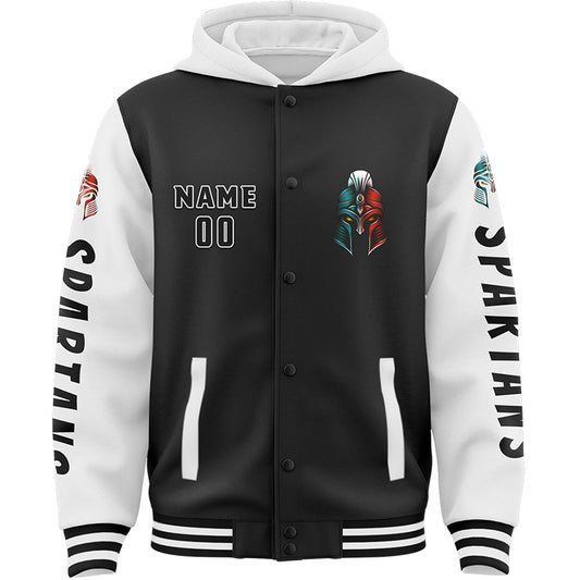 Custom Black White Spartan Helmet Bomber Full-Snap Varsity Letterman Two Tone Hoodie Jacket