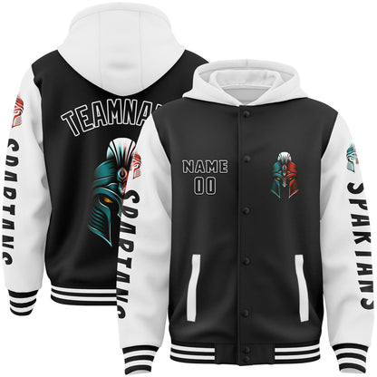 Custom Black White Spartan Helmet Bomber Full-Snap Varsity Letterman Two Tone Hoodie Jacket