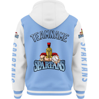 Custom Light Blue White Spartan Helmet Bomber Full-Snap Varsity Letterman Two Tone Hoodie Jacket